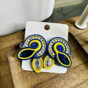 Handmade Earrings‎ Soutache handcrafted Blue/Yellow
